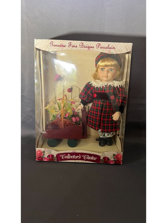 Collector's Choice Other - Genuine Fine Bisque Porcelain Doll W/ Flowers & Wagon New